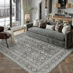 Vintage Area Rug 3x5 Black Entryway Office Washable Carpet Non Slip Bedroom Indoor Living Room Door Mat Low Pile Traditional Distressed Retro Accent Rug for Dining Room Bathroom Kitchen
