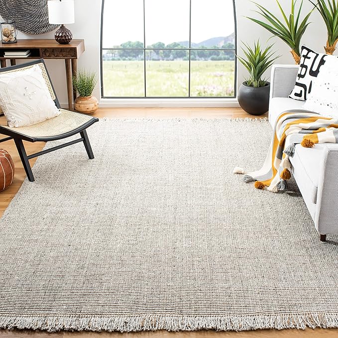 SAFAVIEH Natural Fiber Collection Area Rug - 8' Square, Silver & Natural, Handmade Woven Fringe Jute, Ideal for The Living Room, Bedroom, Dining Room (NF826G-8SQ)
