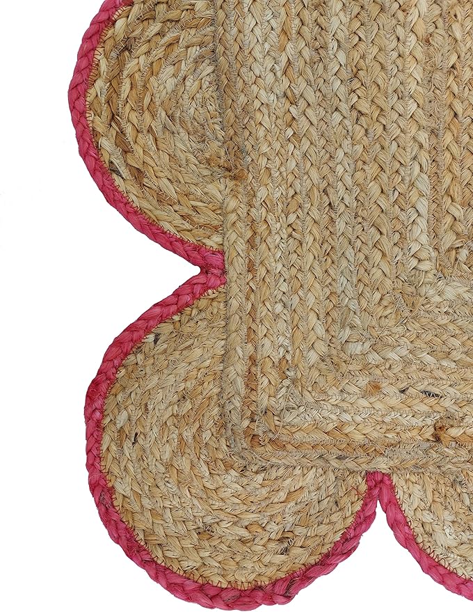 Scalloped Natural Jute Area Rug, Pink Trim, 10'x13'