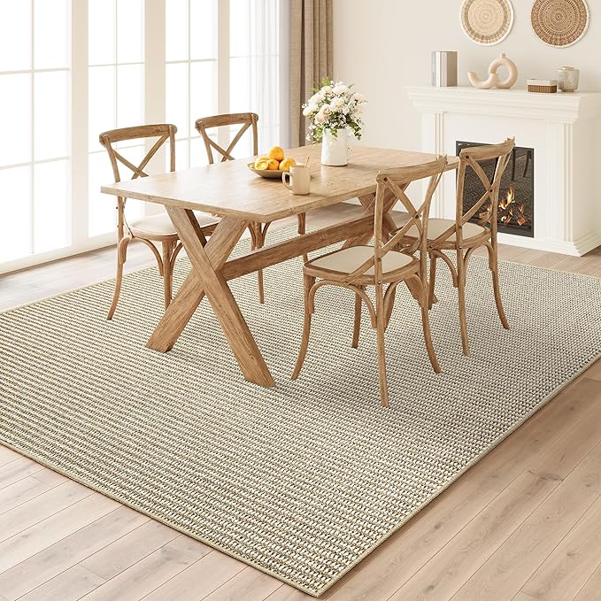 Faux Jute Non-Slip Area Rug, 4x6 Washable Pet-Friendly Floor Mat for Living Room, Bedroom, Entryway, Machine Woven Durable Scratch Resistant Carpet, Cream Beige/Brown
