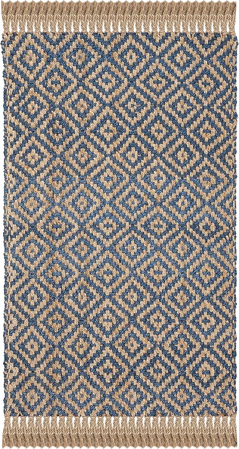 SAFAVIEH Natural Fiber Collection Accent Rug - 2'3" x 4', Tropical Blue & Natural, Handmade Boho Diamond Tassel Jute, Ideal for High Traffic Areas in Entryway, Living Room, Bedroom (NF266D)