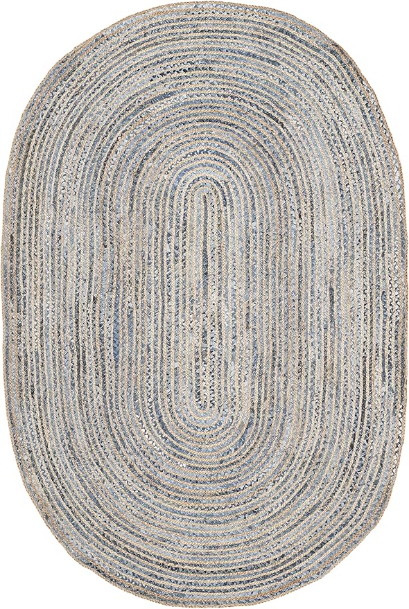 SAFAVIEH Cape Cod Collection Area Rug - 6' x 9' Oval, Natural & Blue, Handmade Flat Weave Jute, Ideal for High Traffic Areas in Living Room, Bedroom (CAP250A)