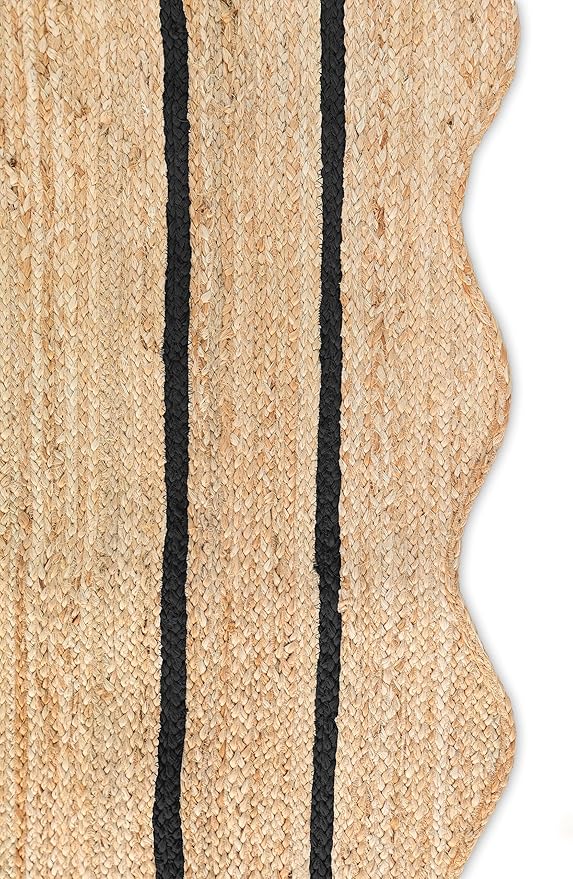 Wave Scalloped Natural Jute Rug Boho Jute Rug Entryway Runner Rug Farmhouse Scallop Rug, Black (2'6"x16')