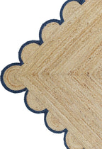 Scalloped Natural Jute Area Rug, Navy Trim, 2'6"x18'