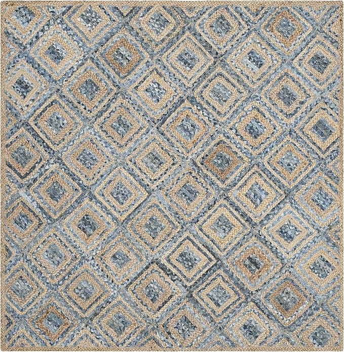 SAFAVIEH Cape Cod Collection Area Rug - 8' Square, Natural & Blue, Handmade Flat Weave Diamond Braided Jute & Denim, Ideal for High Traffic Areas in Living Room, Bedroom (CAP354A)