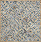 SAFAVIEH Cape Cod Collection Area Rug - 8' Square, Natural & Blue, Handmade Flat Weave Diamond Braided Jute & Denim, Ideal for High Traffic Areas in Living Room, Bedroom (CAP354A)