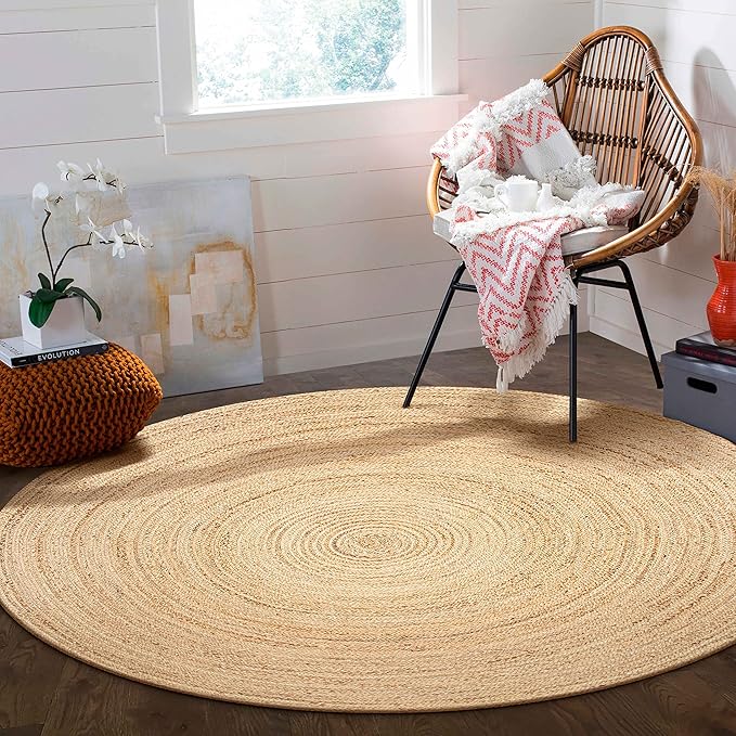 Jute Braided Area Rug, Natural - 4 Feet Round, Boho Neutral Rattan Circle Hand Woven Rugs for Living Room, Bedroom, Nursery, Kitchen, Indoor Use | Farmhouse Rustic Patio Floor Mat for Home Décor