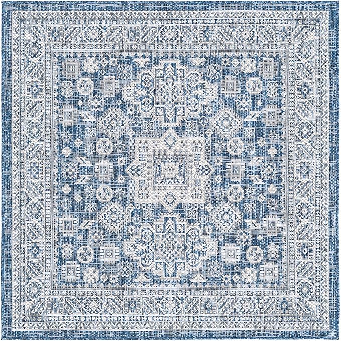 Rugs.com Outdoor Aztec Collection Rug – 5 Ft Square Blue Flatweave Rug Perfect for Living Rooms, Kitchens, Entryways