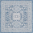 Rugs.com Outdoor Aztec Collection Rug – 5 Ft Square Blue Flatweave Rug Perfect for Living Rooms, Kitchens, Entryways