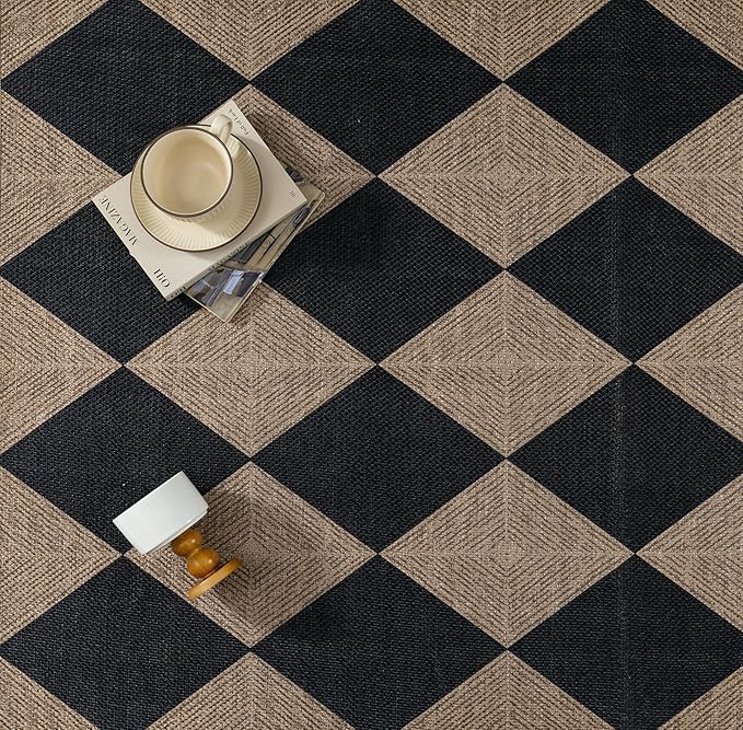 4x6 Checkered Easy Jute Area Rug for Living Room Checkerboard Washable Indoor Outdoor Carpet Farmhouse Patio Office Mat Textured Diamond Non Slip Black Carpet for Dorm Backyard Dining Room