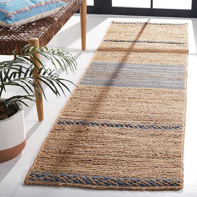 SAFAVIEH Natural Fiber Collection Runner Rug - 2'3" x 8', Natural & Grey, Handmade Stripe Boho Farmhouse Rustic Braided Jute, Ideal for High Traffic Areas in Living Room, Bedroom (NFB262F)