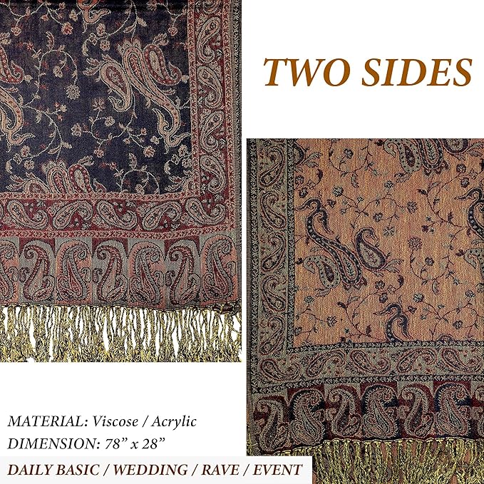 Achillea Reversible Paisley Pashmina Rave Scarf – Exotic Indian Shawls and Wraps for Evening Dresses, Festivals, All Seasons