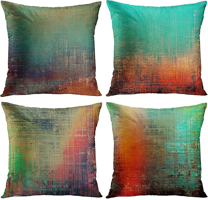 Emvency Set of 4 Throw Pillow Covers Vintage Abstract Teal Green and Orange Messy Rust Painting Decorative Pillow Cases Home Decor Standard Square 18x18 Inches Pillowcases