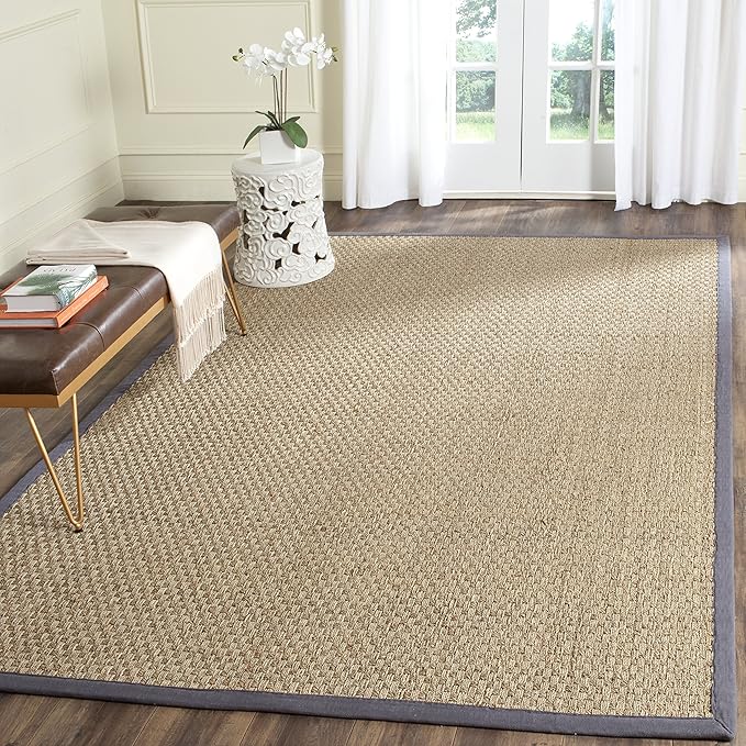 SAFAVIEH Area Rug 10' Square - Natural Fiber Collection - Large - Natural & Dark Grey, Seagrass, Basketweave Pattern with Border (NF114Q)