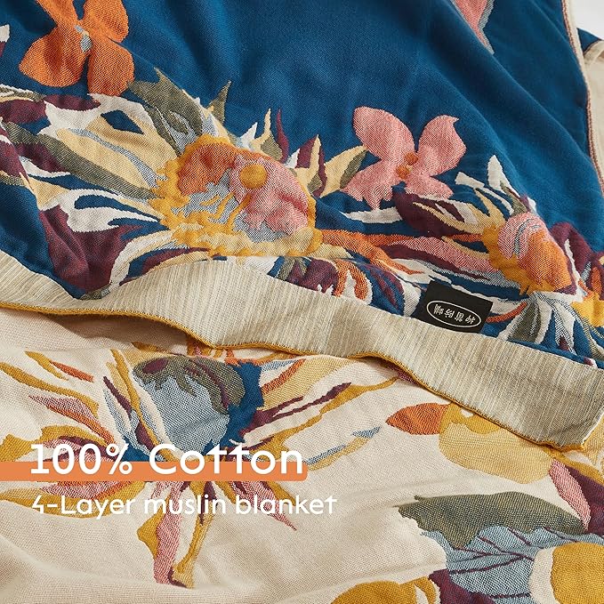Boho Throw Blanket for Bed 50”x60”, 100% Cotton Woven Blanket for Couch Sofa, Ultra Soft 4-Layer Muslin Quilt with Floral Printed, Farmhouse Bed Blanket/Cover for Living Room Decor