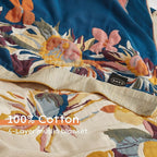 Boho Throw Blanket for Bed 90”x108”, 100% Cotton Woven Blanket for Couch Sofa, Ultra Soft 4-Layer Muslin Quilt with Vintage Floral Printed, Farmhouse Bed Blanket/Cover for Living Room Decor
