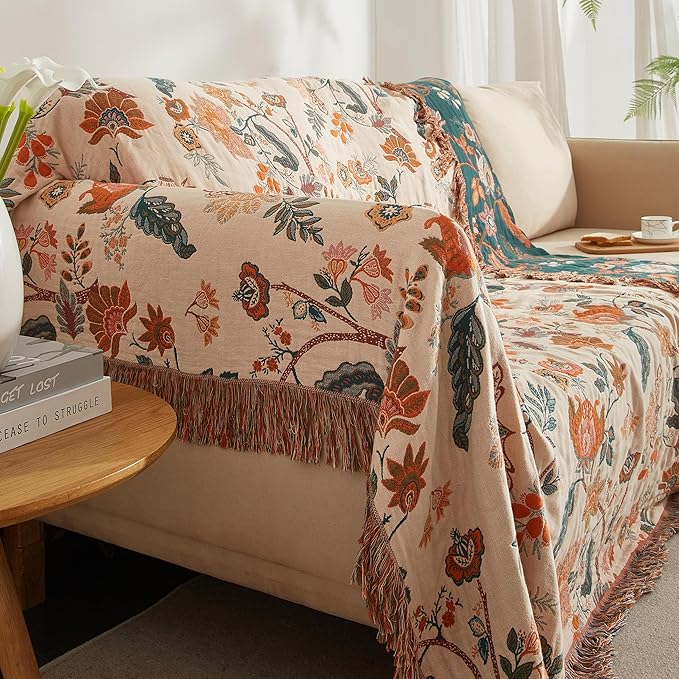 Boho Throw Blanket for Bed 90”x108”, 100% Cotton Woven Blanket for Couch Sofa, Ultra Soft 4-Layer Muslin Quilt with Floral Printed, Farmhouse Bed Blanket/Cover for Living Room Decor
