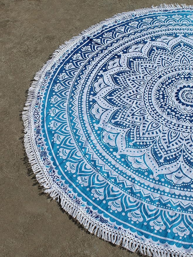 Round Beach Tapestry Turquoise Mandala Throw/Boho Hippie Beach Blanket Roundie/Indian Cotton Bohemian Large Round Table Cloth-Home Decor/Yoga Mat Meditation Picnic Rug (42", Blue and White)