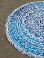 Round Beach Tapestry Turquoise Mandala Throw/Boho Hippie Beach Blanket Roundie/Indian Cotton Bohemian Large Round Table Cloth-Home Decor/Yoga Mat Meditation Picnic Rug (42", Blue and White)