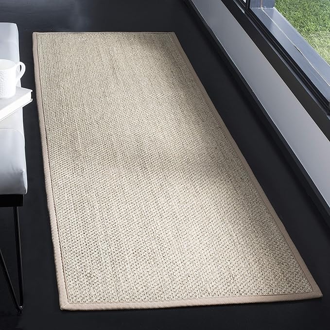 SAFAVIEH Natural Fiber Collection Runner Rug - 2'6" x 14', Marble & Linen Color, Sisal, Woven Design with Border (NF143B)