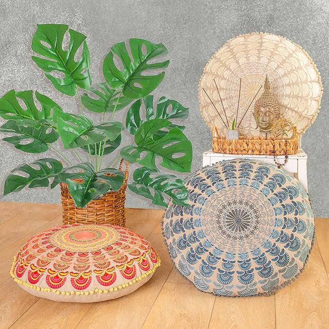 Mandala Life ART Bohemian Floor Cushion Cover –Luxury, Artisan Room Décor Pouf Case for Meditation, Yoga, and Boho Chic Seating Area Floor Pillow – Accent Your Living Room, Bedroom, More