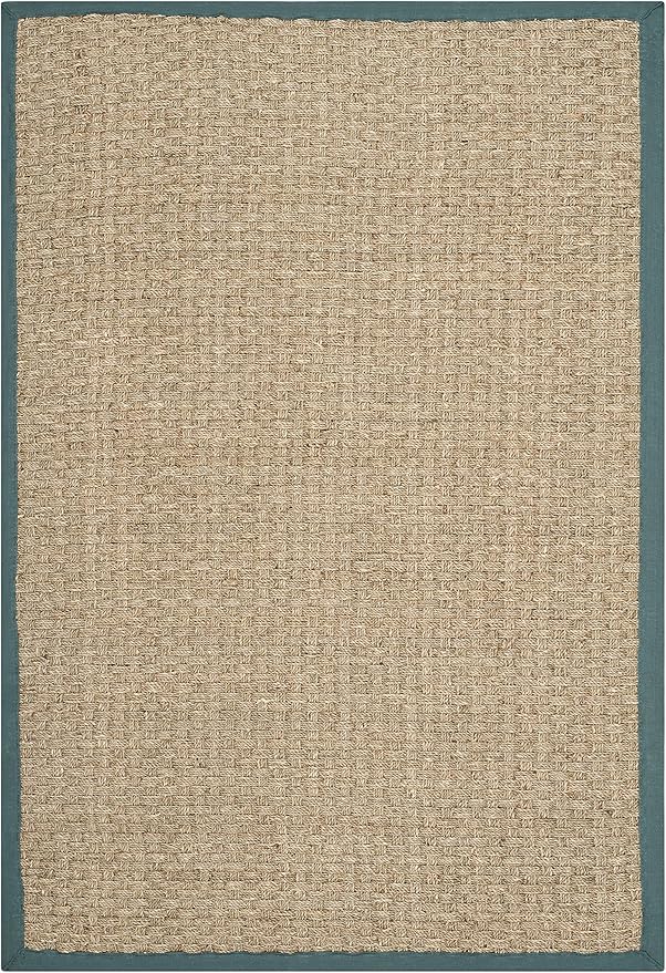 SAFAVIEH Area Rug 4x6 - Natural Fiber Collection - Natural & Light Blue, Seagrass, Basketweave Pattern with Border (NF114M)