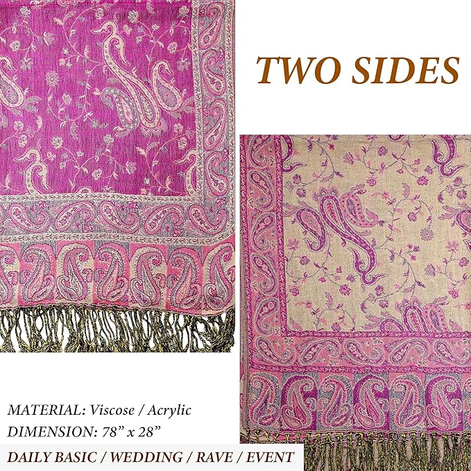 Achillea Reversible Paisley Pashmina Rave Scarf – Exotic Indian Shawls and Wraps for Evening Dresses, Festivals, All Seasons