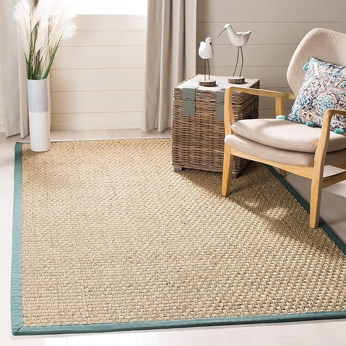 SAFAVIEH Area Rug 5x8 - Natural Fiber Collection - Natural & Light Blue, Seagrass, Basketweave Pattern with Border (NF114M)