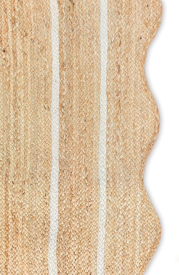 Wave Scalloped Natural Jute Rug Boho Entryway Runner Farmhouse, Off White (2'x10')