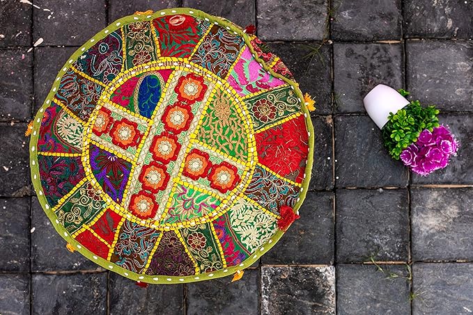 THE ART BOX Round Boho Cotton Patchwork Pouf Cover – Handmade Vintage Embroidered Ottoman Seat Cover, Colorful Decorative Floor Cushion for Home Accessories Décor (14x22 Inches, Cover Only)