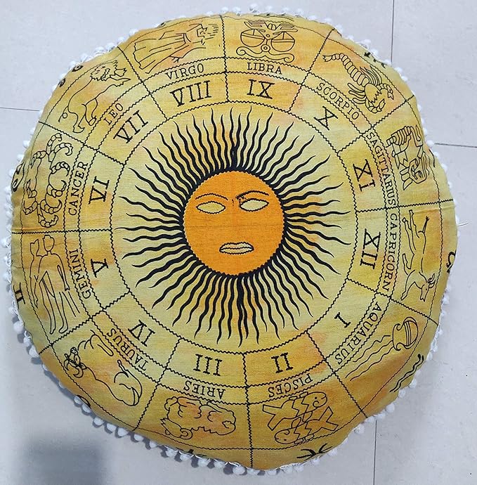 CRAFT KALA Mandala Floor Pillow Cushion Cover Seating Throw Cover Hippie Decorative Bohemian Ottoman Poufs Pom Pom Pillow Cases Boho Indian Cotton Living Room Yoga Home Décor 24" Round, Yellow Zodiac