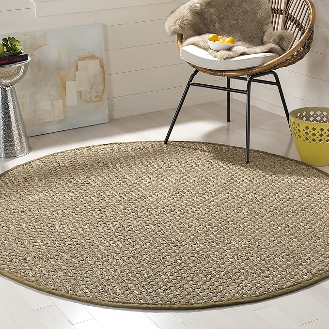 SAFAVIEH Area Rug 6' Round - Natural Fiber Collection - Natural & Olive Green, Seagrass, Basketweave Pattern with Border (NF114G)