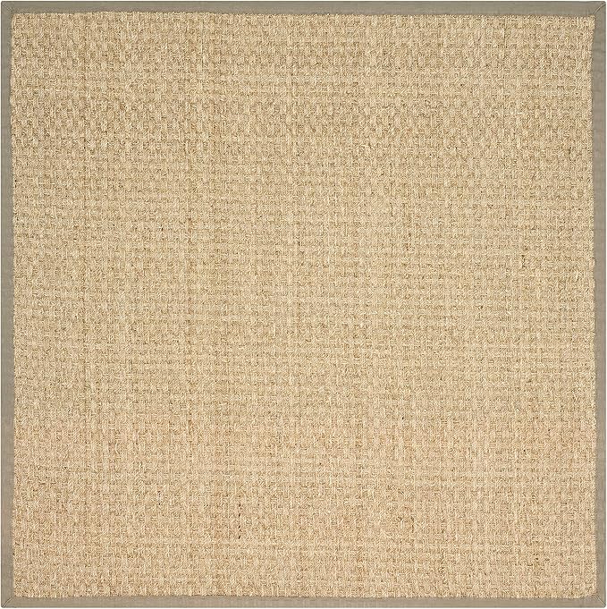 SAFAVIEH Area Rug 6' Square - Natural Fiber Collection - Natural & Olive Green, Seagrass, Basketweave Pattern with Border (NF114G)