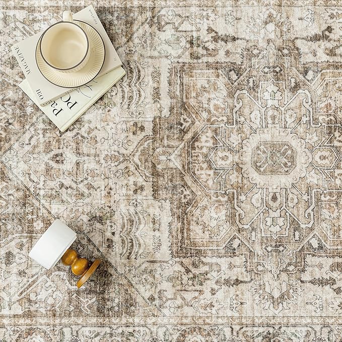 Brown Area Rug 4x6 Vintage Office Washable Distressed Kitchen Carpet Non Slip Soft Indoor Traditional Medallion Retro Accent Throw Rug for Entryway Bedroom Dining Living Room