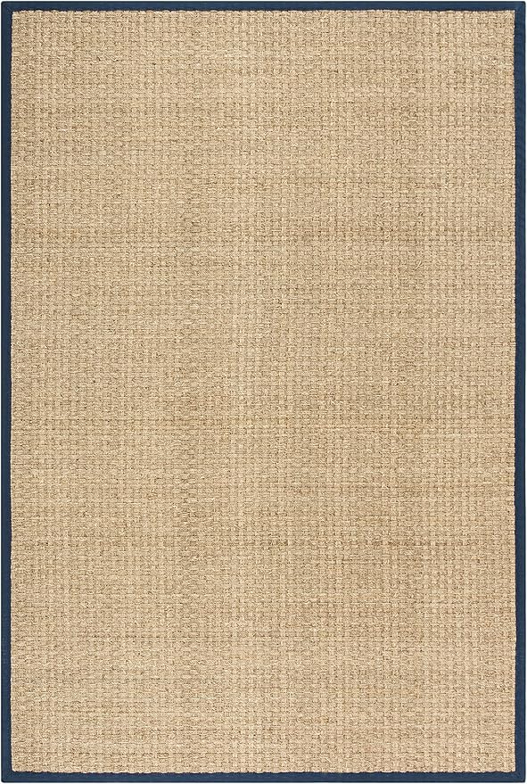 SAFAVIEH Area Rug 6x9 - Natural Fiber Collection - Natural & Blue, Seagrass, Basketweave Pattern with Border (NF114E)