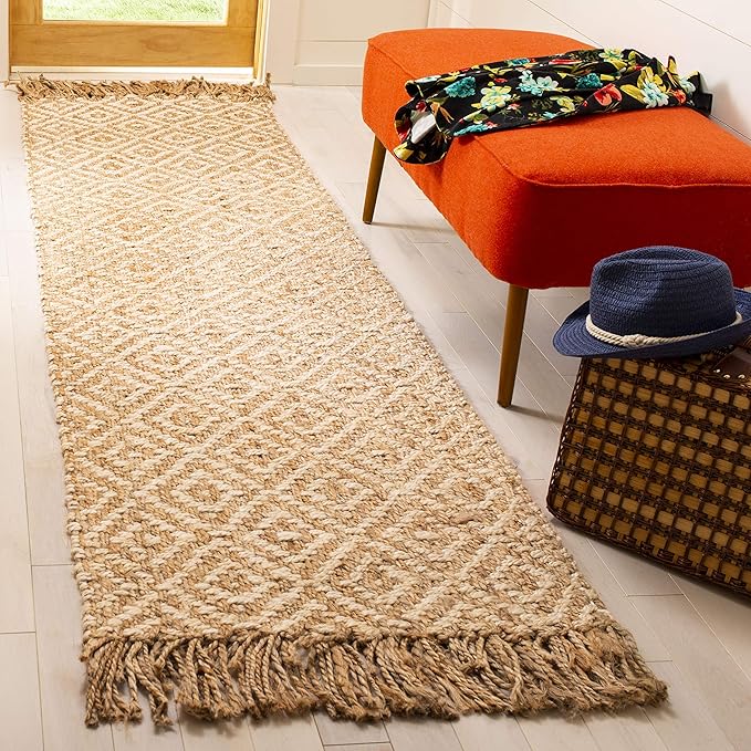 SAFAVIEH Natural Fiber Collection Runner Rug - 2'3" x 8', Ivory & Natural, Handmade Boho Diamond Tassel Jute, Ideal for High Traffic Areas in Living Room, Bedroom (NF266A)