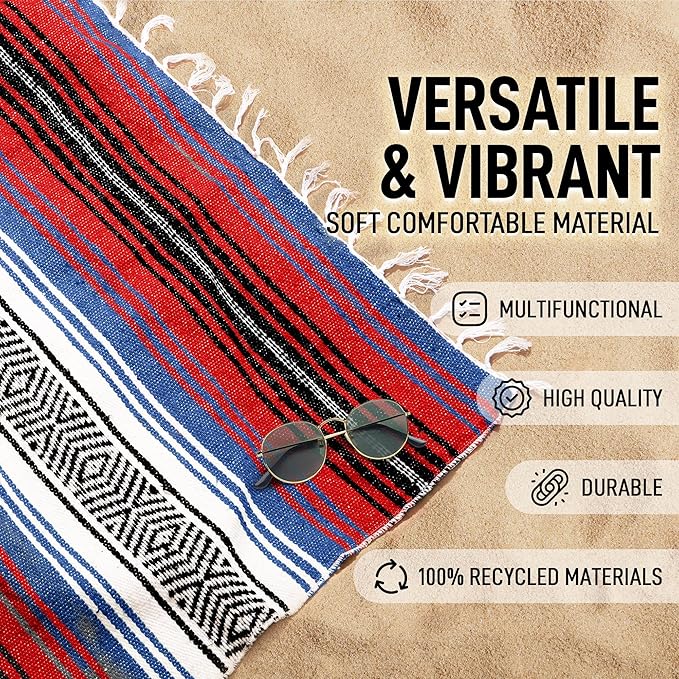 Hydration Nation Authentic Large Handwoven Mexican Striped Throw Blanket - Soft, Durable, Eco-Friendly - 70"x50" - Mariner