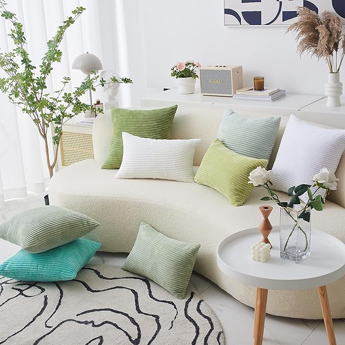 Home Brilliant Green Throw Pillow Covers 12x20 Striped Corduroy Solid Set of 2 Spring Decoration Oblong Pillowcases for Sofa Couch Living Room St Patricks Day Decor, 12 x 20 inch, Grass Green