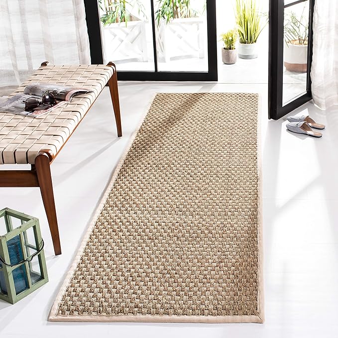 SAFAVIEH Natural Fiber Collection Runner Rug - 2'6" x 18', Natural & Ivory, Seagrass, Basketweave Pattern with Border (NF114J)