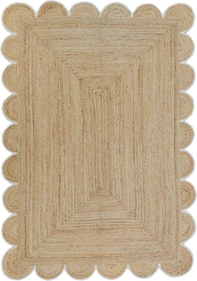 Scalloped Natural Jute Area Rug, Off White Trim, 8'x10'
