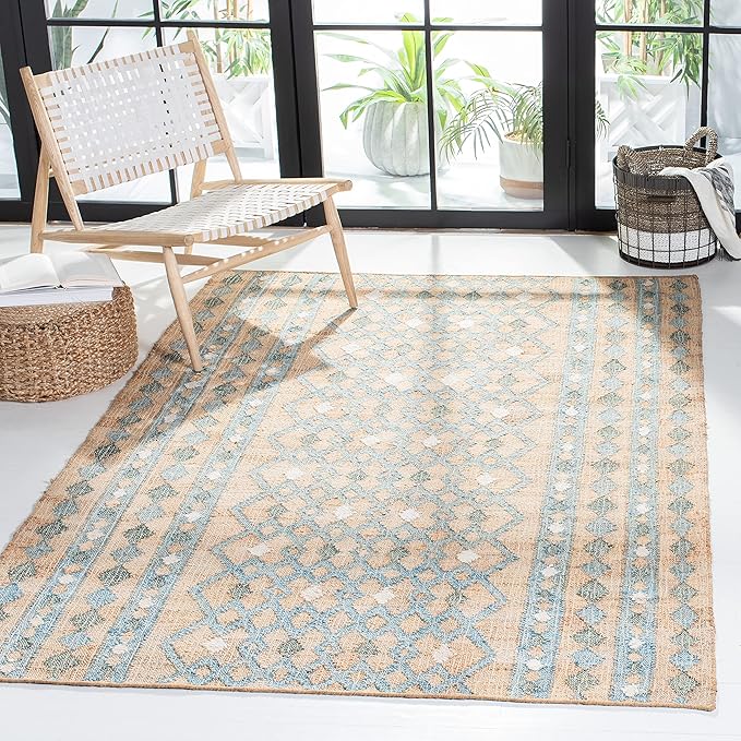 SAFAVIEH Kilim Collection Accent Rug - 4' x 6', Natural & Blue, Flat Weave Jute Design, Ideal for High Traffic Areas in Entryway, Living Room, Bedroom (KLM759M)