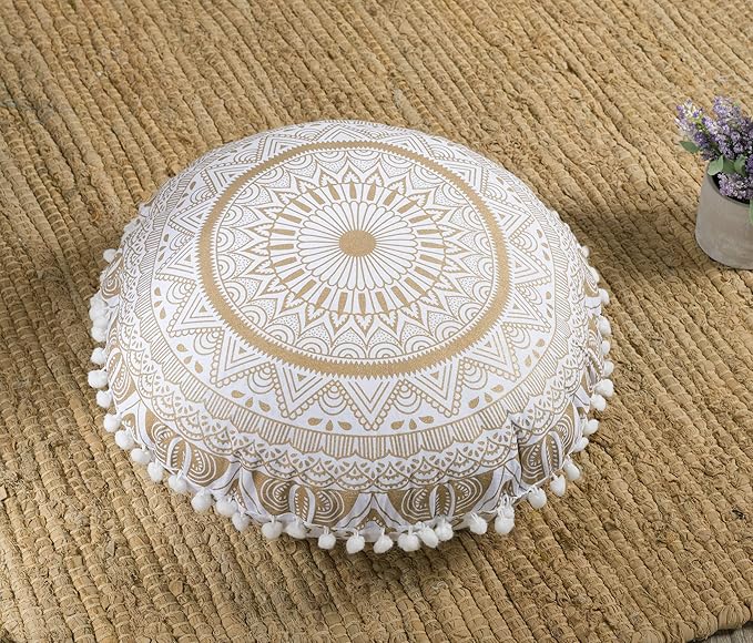 Popular Handicrafts Floor Pillow Cushion Cover - Hippie Mandala Round Ombre Pouf Sham - Meditation Seating Ottoman Bohemian with Pom Pom with Soft Particles- 18" Gold