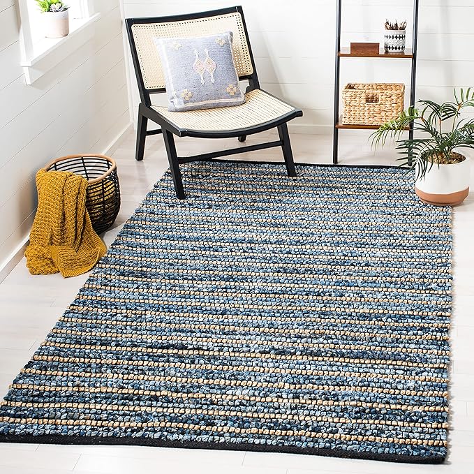 SAFAVIEH Cape Cod Collection Area Rug - 6' Square, Blue & Natural, Handmade Flat Weave Braided Jute & Cotton, Ideal for High Traffic Areas in Living Room, Bedroom (CAP363A)