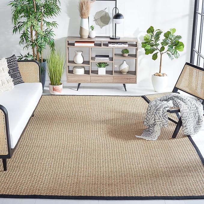 SAFAVIEH Area Rug 8x10 - Natural Fiber Collection - Large - Natural & Black, Seagrass, Basketweave Pattern (NF114C)