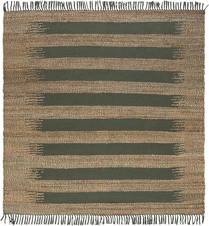SAFAVIEH Natural Fiber Collection Area Rug - 7' Square, Natural & Green, Handmade Jute & Cotton, Ideal for Living Room, Bedroom, Dining Space (NF124Y)