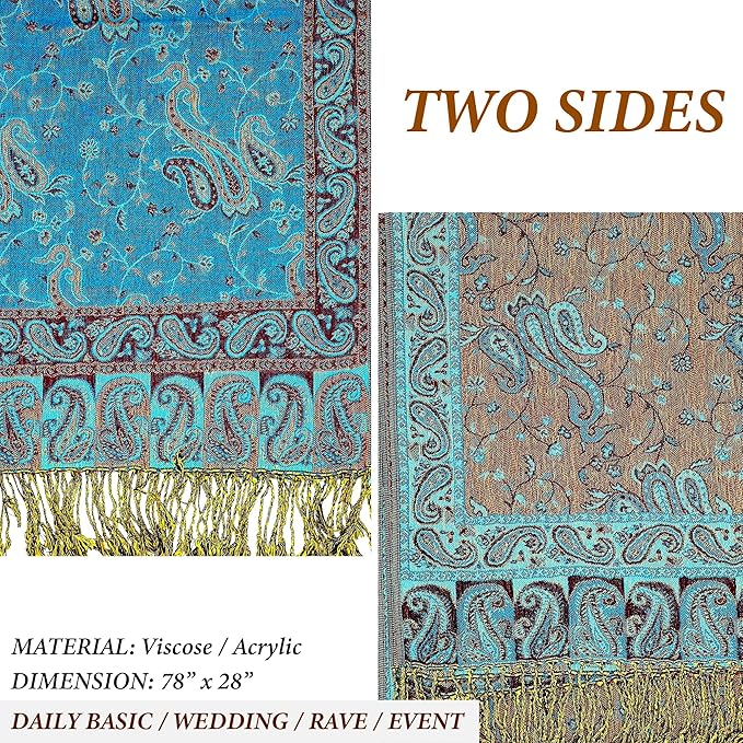 Achillea Reversible Paisley Pashmina Rave Scarf – Exotic Indian Shawls and Wraps for Evening Dresses, Festivals, All Seasons