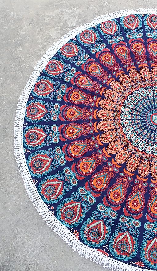 Round Beach Tapestry Turquoise Mandala Throw/Boho Hippie Beach Blanket Roundie/Indian Cotton Bohemian Large Round Table Cloth-Home Decor/Yoga Mat Meditation Picnic Rug (42", Orange and Blue)