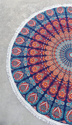 Round Beach Tapestry Turquoise Mandala Throw/Boho Hippie Beach Blanket Roundie/Indian Cotton Bohemian Large Round Table Cloth-Home Decor/Yoga Mat Meditation Picnic Rug (70", Orange And Blue)