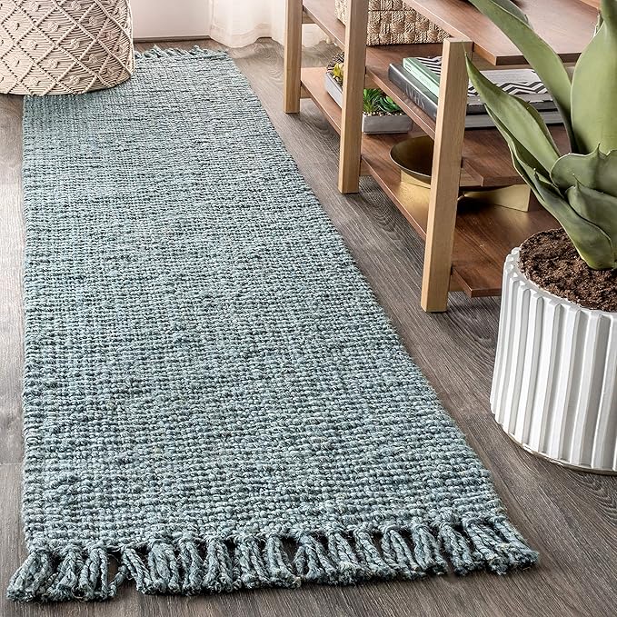 JONATHAN Y Handwoven Jute Fringe Light Blue/Gray Runner Rug, 2x14, Pata, Bohemian, Rustic, Cottage, Easy-Cleaning for Living Room, Bedroom, Kitchen, Non-Shedding (NRF103B-214)