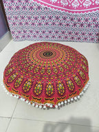 CRAFT KALA Mandala Floor Pillow Cushion Cover Seating Throw Cover Hippie Decorative Bohemian Ottoman Poufs Pom Pom Pillow Cases Boho Indian Cotton Living Room Yoga Home Décor (24" Round, Red Mirchi)